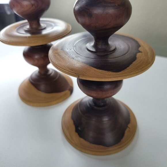 Wooden Candlestick Holders Tapered Solid Grain Two Tone Turned Pair Set 6.5 Inch - Picture 2 of 16